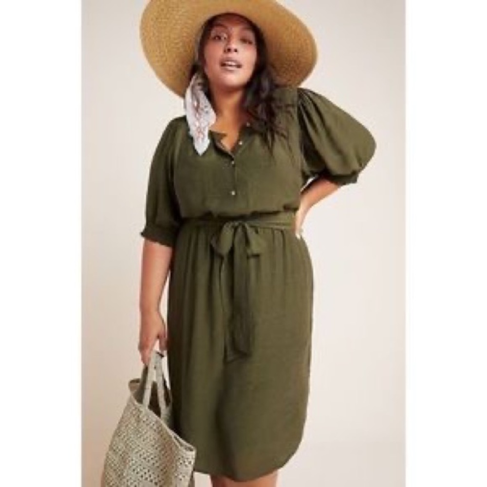 Anthropologie Nicole Puff Sleeve Shirt Dress - Olive Green - Plus Size 2X
